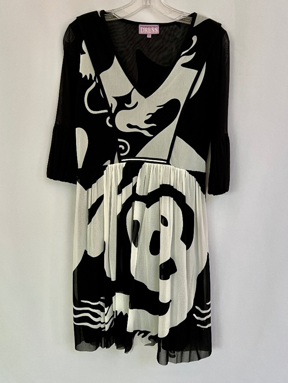 Vivienne Tam Abstract Print Mesh Dress Black & White 3/4 Bell Sleeve Size M